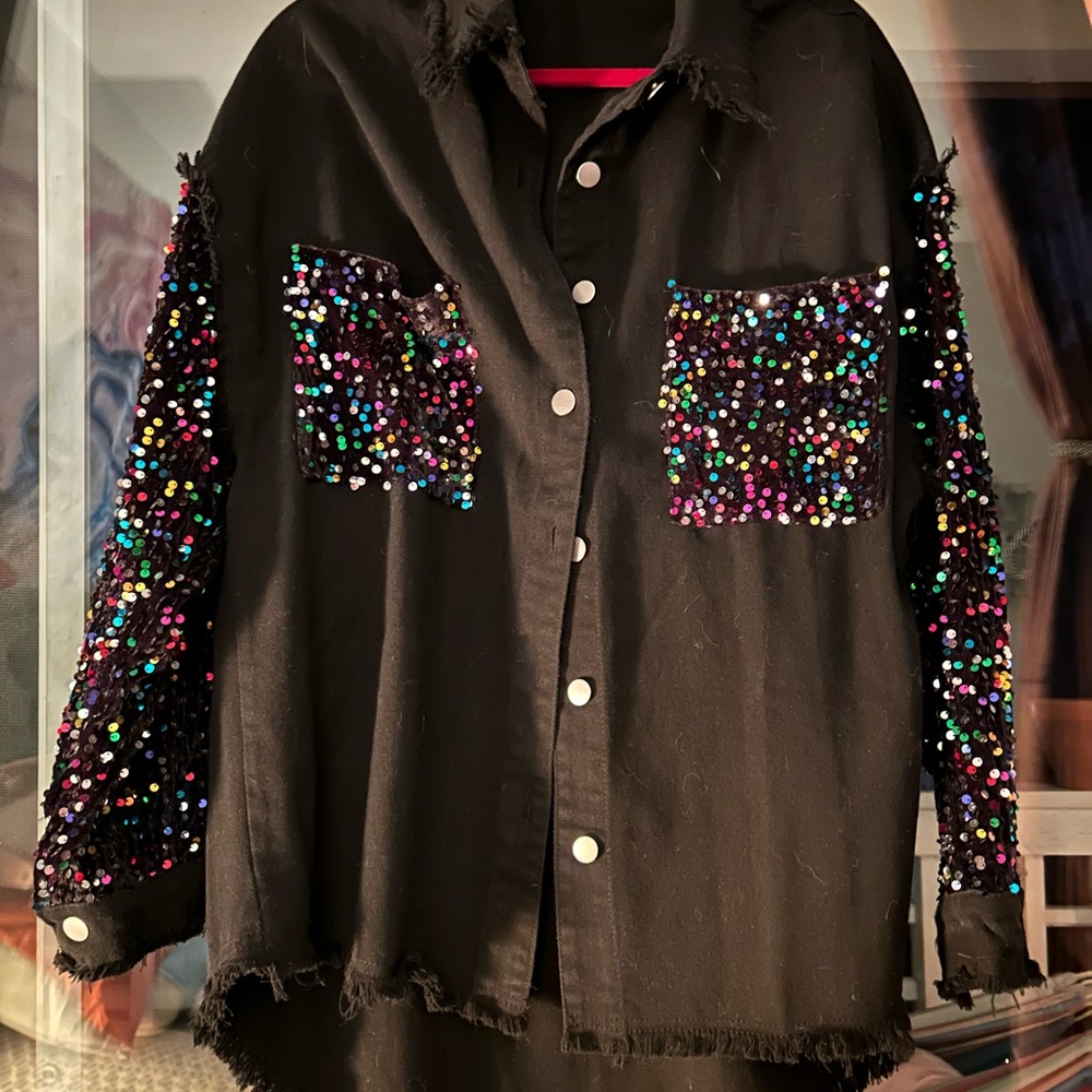 NEW- Sequin Embellished Black Button-Up Shirt - with tags.